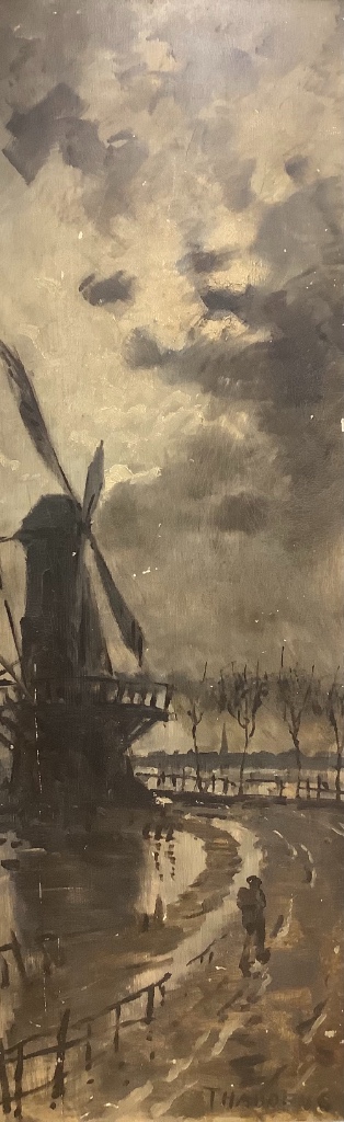 Henry John Thaddeus (1860–1929), oil on wood panel, figure by a windmill at dusk, 170.5 cm x 56.5 cm